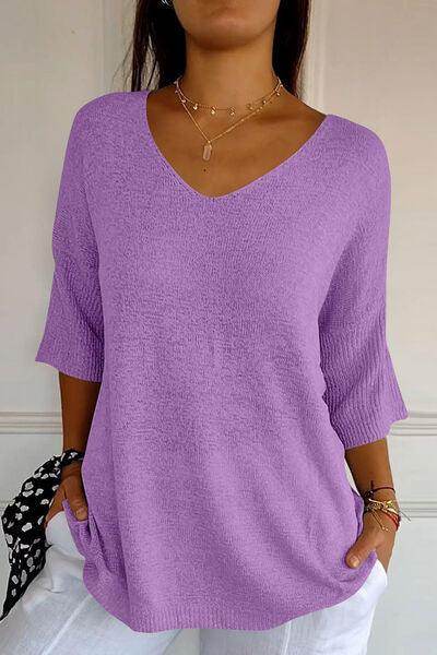 V-Neck Three-Quarter Sleeve Knit Top for Women Casual Wear - Selvanelle