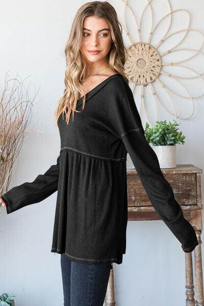 Heimish Full Size V-Neck Long Sleeve Ribbed Babydoll Top - Selvanelle