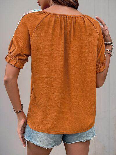 Perfee Tied Crochet Detail Short Sleeve Blouse for Women - Selvanelle