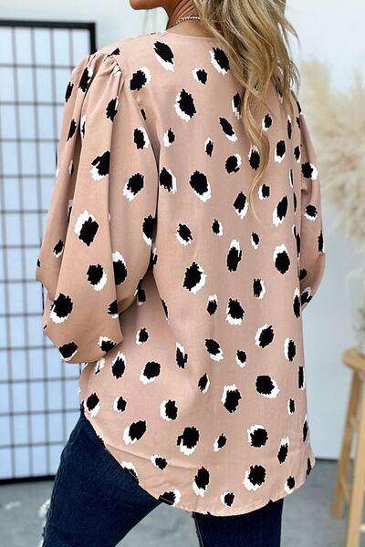 Contrast Animal Print V-Neck Long Sleeve Blouse for Women - Selvanelle