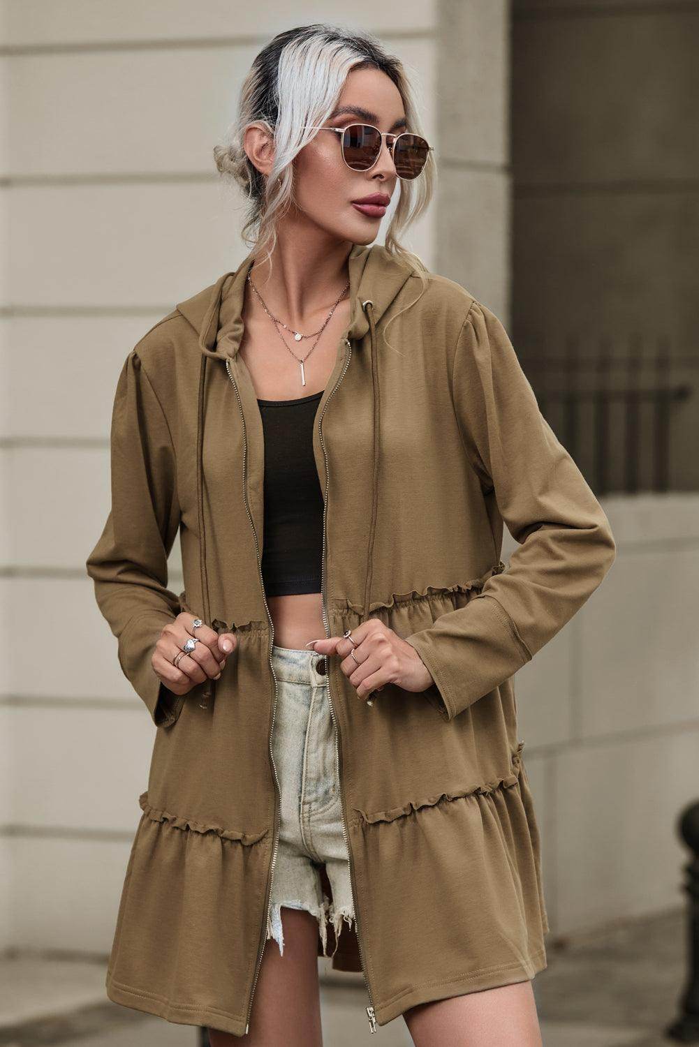 Zip Up Frill Drawstring Hooded Jacket for Women - Selvanelle