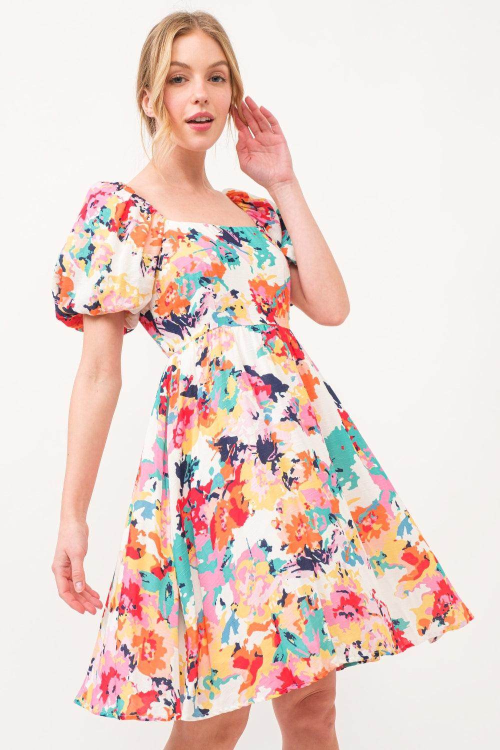 And The Why Square Neck Puff Sleeve Floral Dress Sale - Selvanelle
