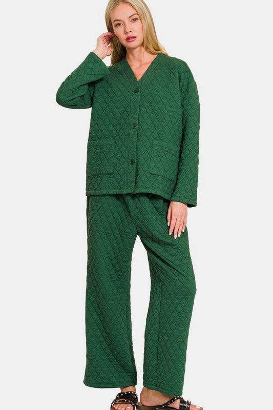 Zenana Quilted Button Up Long Sleeve Top and Pants Set - Selvanelle