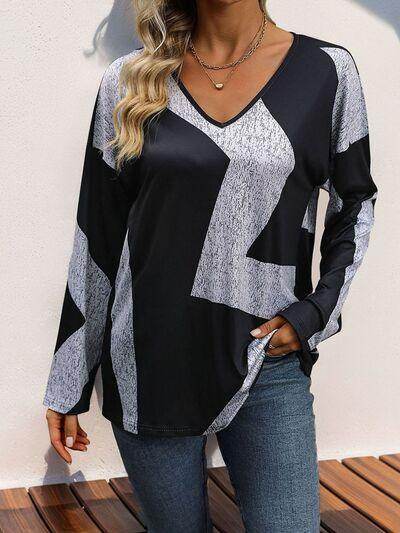 Perfee Color Block V-Neck Long Sleeve T-Shirt for Women - Selvanelle