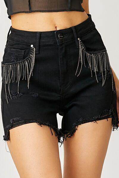 RISEN Frayed Hem Denim Shorts with Fringe Detail Pockets - Selvanelle