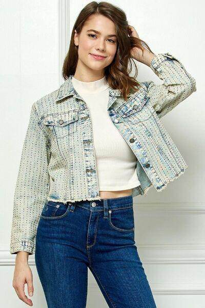 Veveret Multi Color Stripe Rhinestone Raw Hem Denim Jacket - Selvanelle