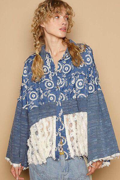 POL Lace Hem Embroidered Long Sleeve Shirt for Women - Selvanelle
