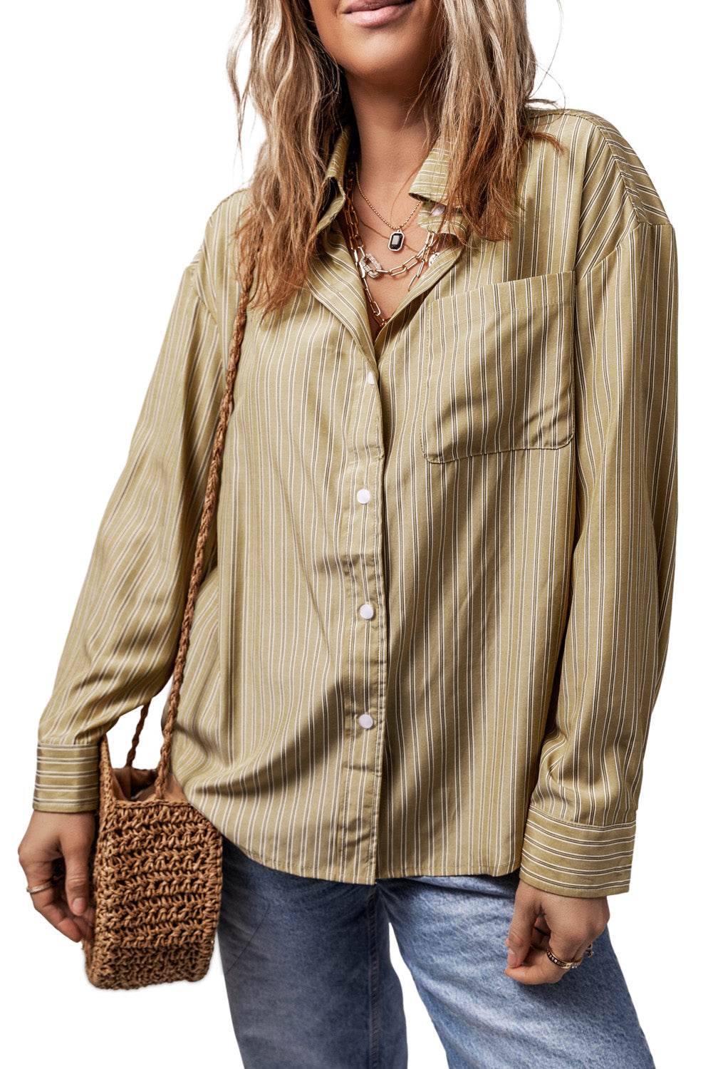Striped Button Up Long Sleeve Shirt - Selvanelle