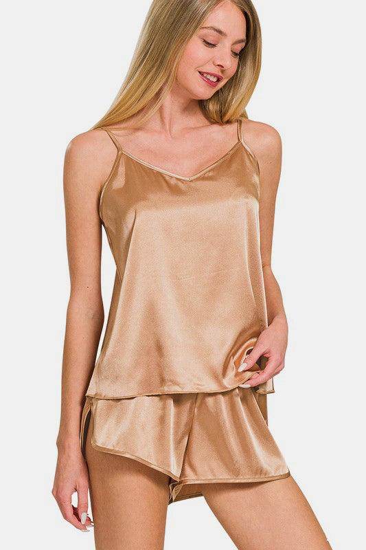 Zenana V-Neck Satin Cami and Elastic Waist Shorts Set - Selvanelle