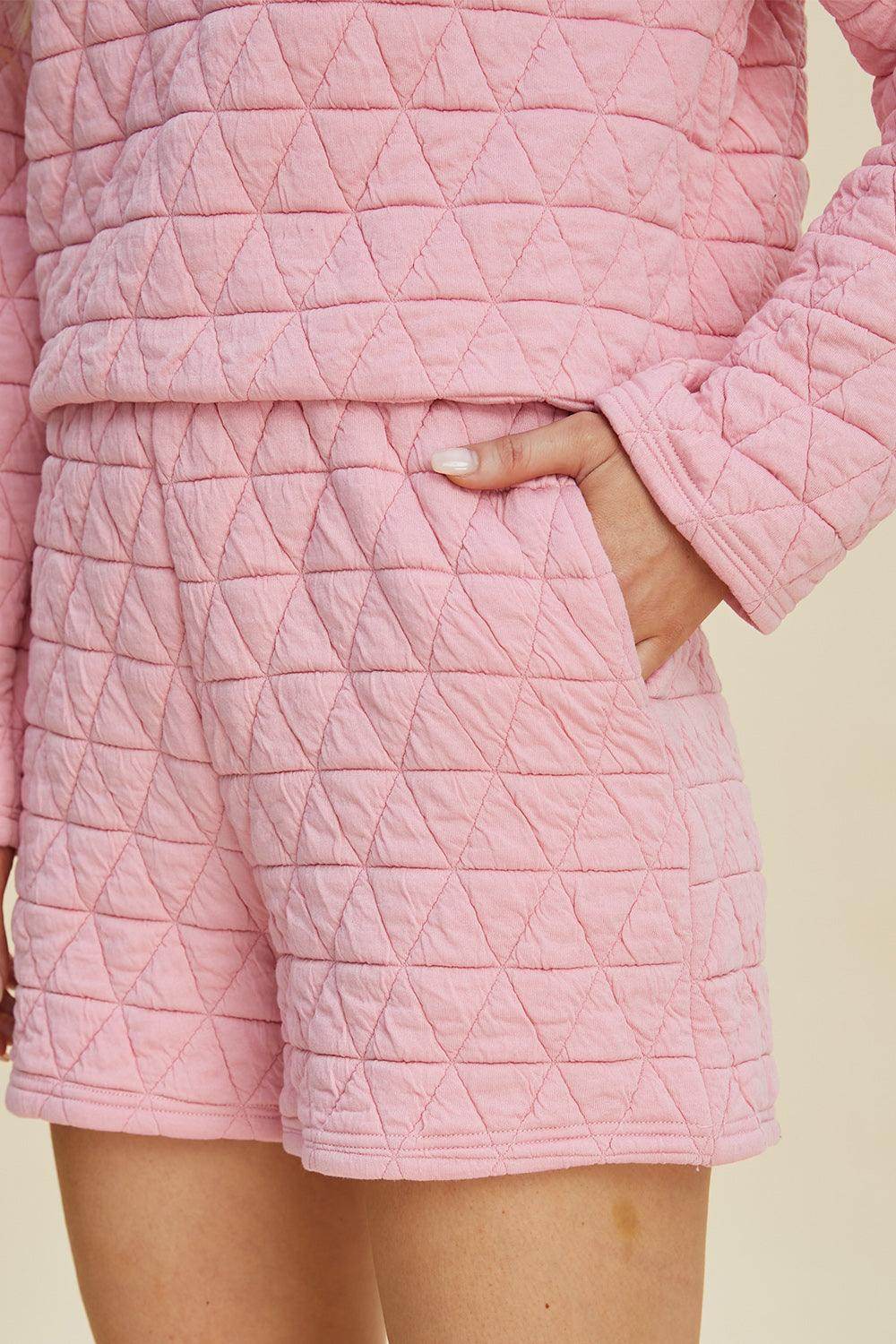 Double Take Full Size Texture Round Neck Long Sleeve Top and Shorts Set for Women - Selvanelle