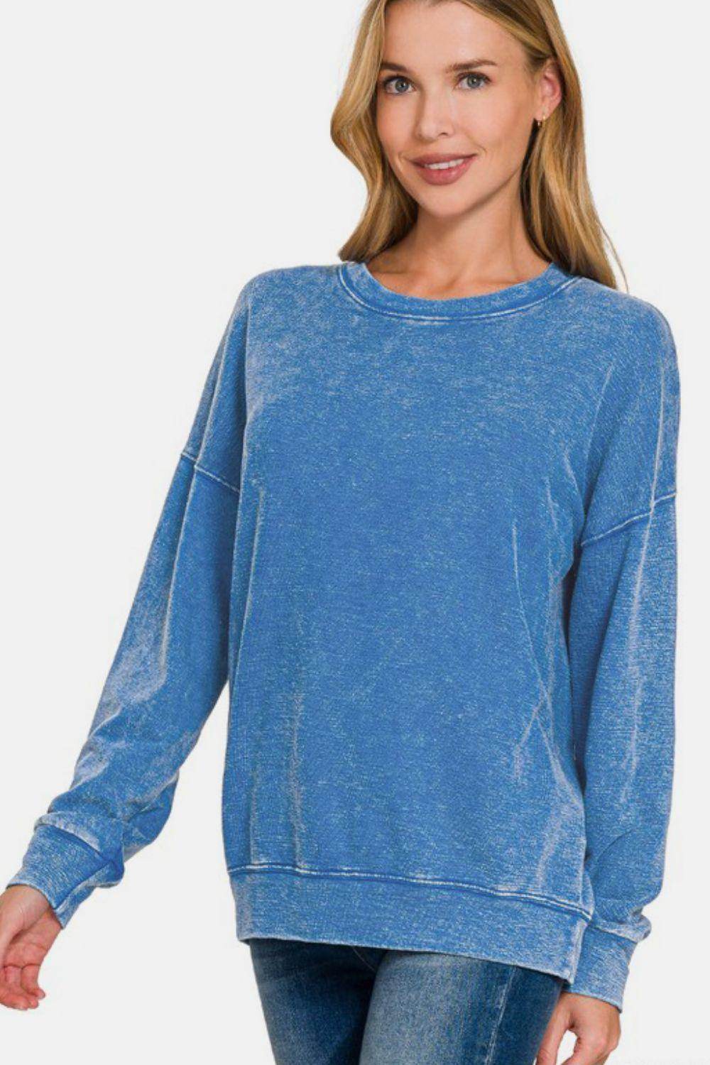 Zenana Washed Round Neck Dropped Shoulder Sweatshirt Cozy - Selvanelle