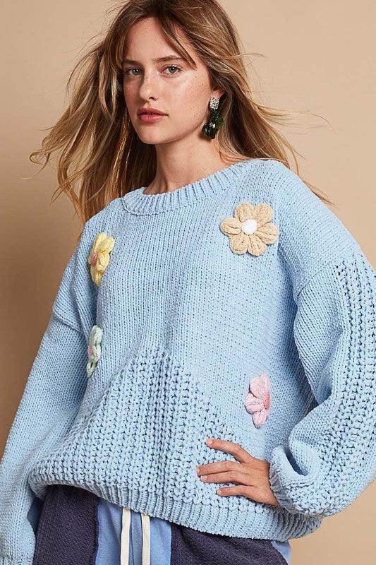 POL Crochet Flower Round Neck Dropped Shoulder Sweater Chic - Selvanelle