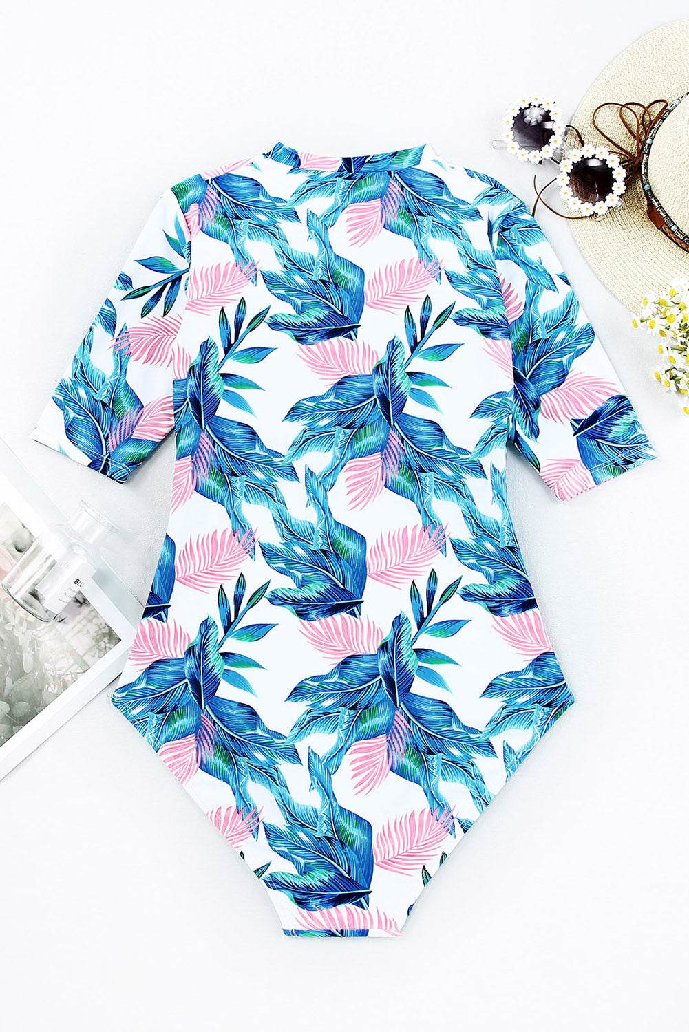 Printed Notched Half Sleeve One-Piece Swimwear - Selvanelle