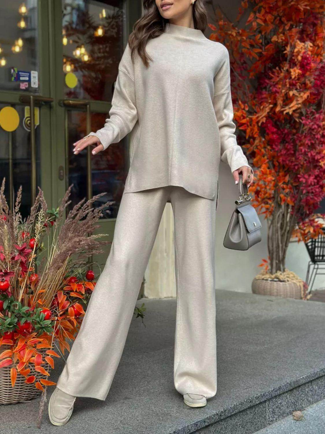 Slit Mock Neck Top and Pants Sweater Set for Women - Selvanelle