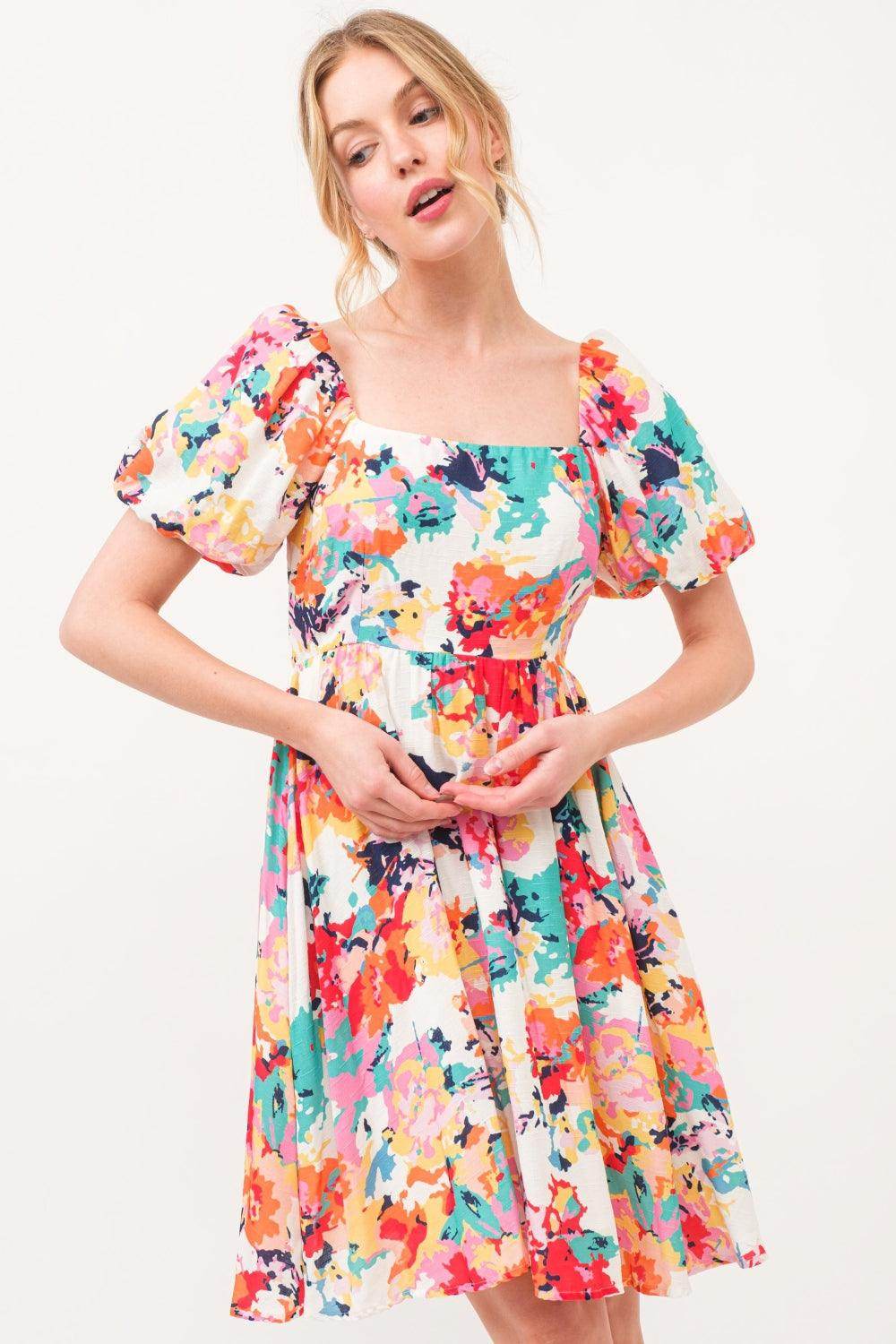 And The Why Square Neck Puff Sleeve Floral Dress Sale - Selvanelle
