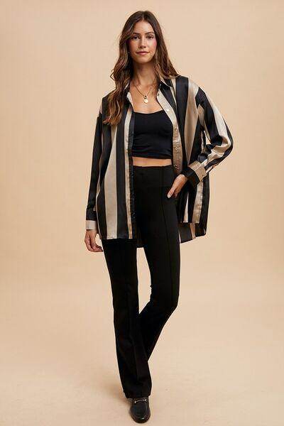 Annie Wear Striped Dropped Shoulder Button Up Shirt For Women - Selvanelle