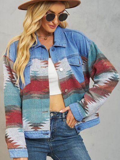 Geometric Button Up Dropped Shoulder Denim Jacket for Women - Selvanelle