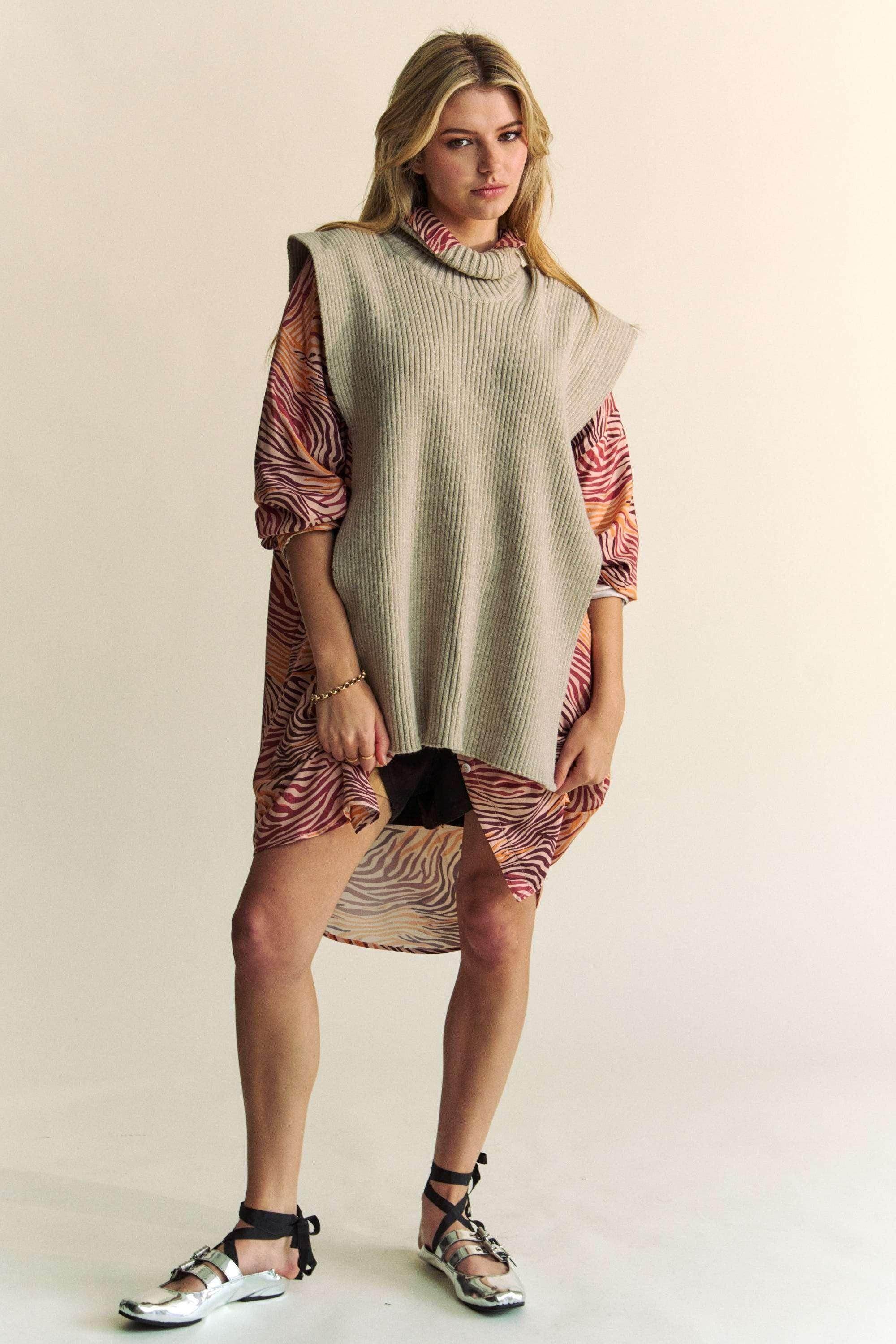 Davi & Dani Side Split Turtleneck Sleeveless Knit Top - Selvanelle