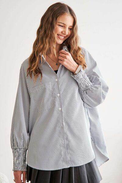ADORA High-Low Striped Button Down Smocked Lantern Sleeve Shirt - Selvanelle