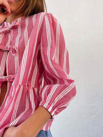 Tied Round Neck Balloon Sleeve Shirt for Stylish Look - Selvanelle