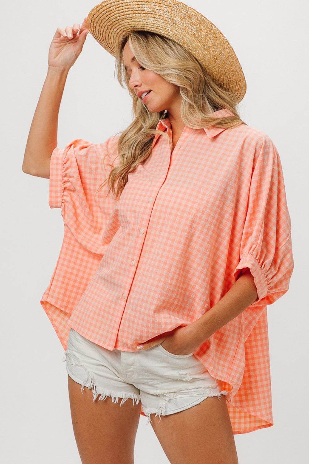 BiBi Plaid Button Up Dolman Sleeve Shirt for Women Fashion - Selvanelle