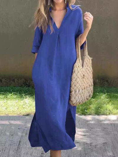 Full Size Notched Half Sleeve Midi Dress for Women - Selvanelle