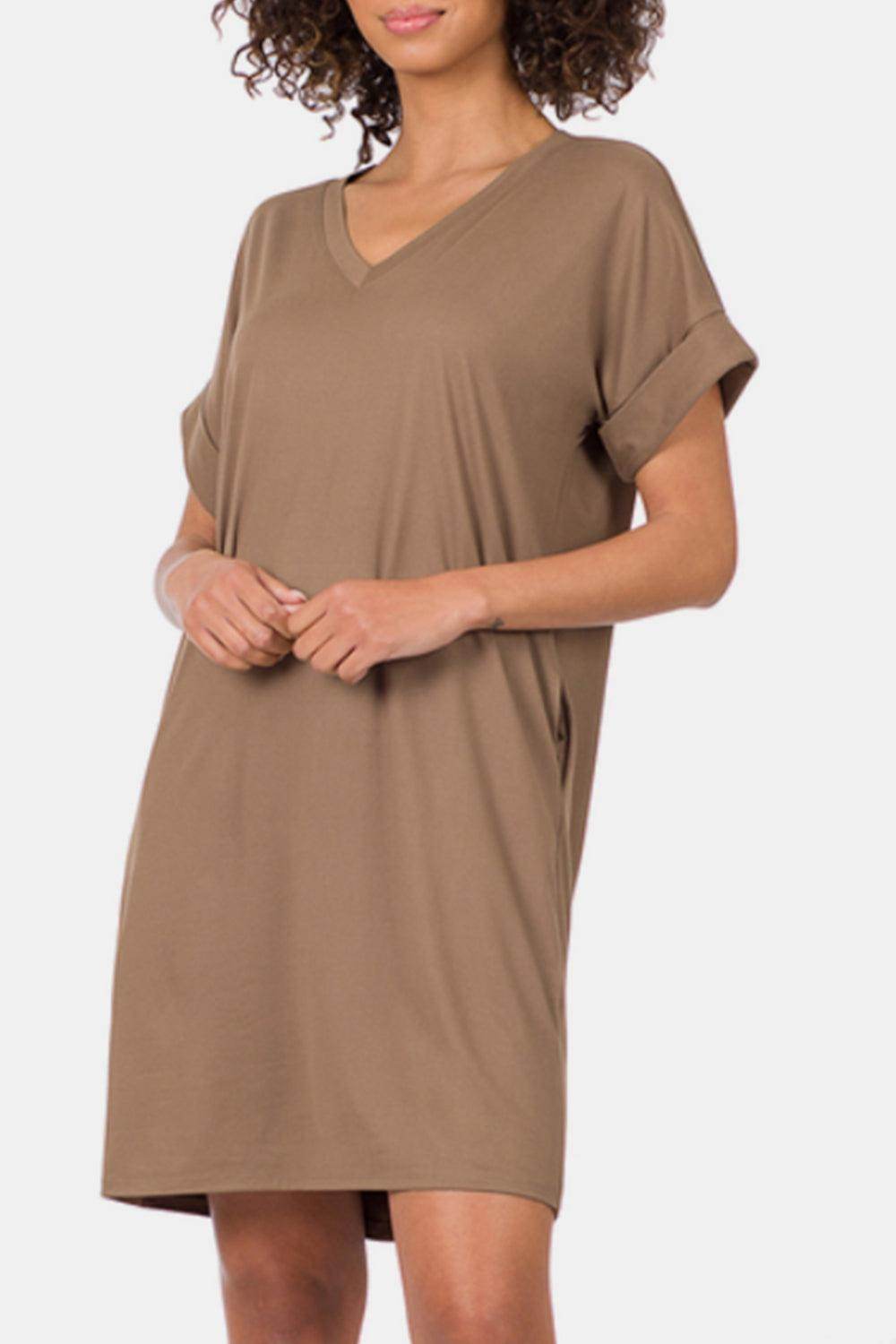 Zenana Rolled Short Sleeve V-Neck Dress for Casual Style - Selvanelle