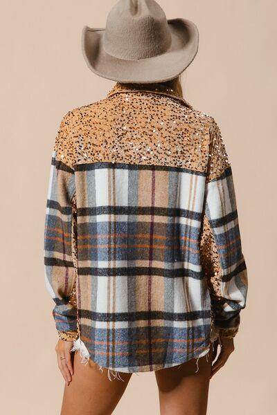BiBi Curved Hem Sequin Plaid Button Up Shacket Chic Style - Selvanelle