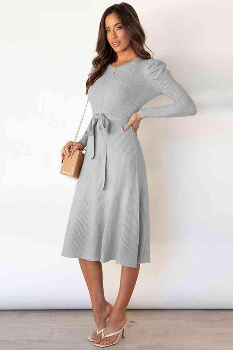 Round Neck Long Sleeve Tie Waist Sweater Dress for Women - Selvanelle