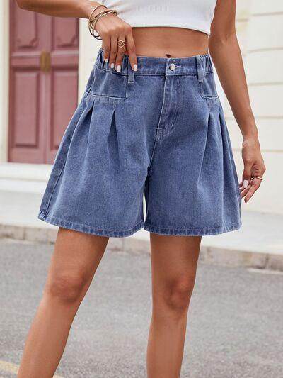 Ruched Half Elastic Waist Denim Shorts for Women Comfort - Selvanelle