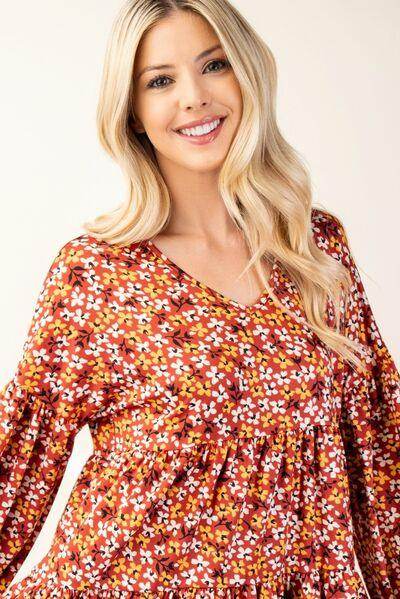 Celeste Full Size Floral V-Neck Balloon Sleeve Blouse Style - Selvanelle