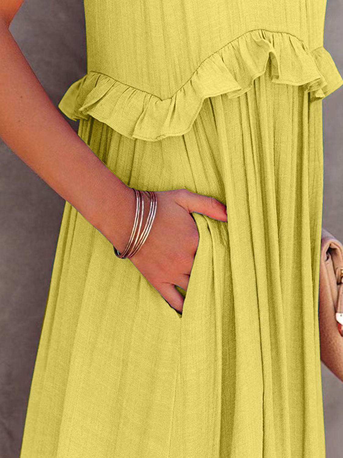 Ruffled Sleeveless Tiered Maxi Dress with Pockets - Selvanelle