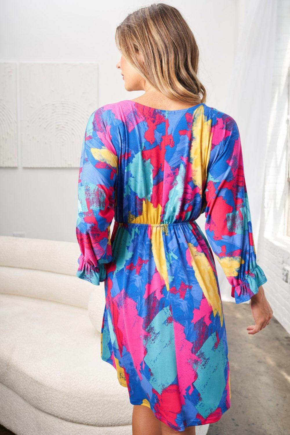 White Birch Full Size Printed V-Neck Mini Dress for Women - Selvanelle