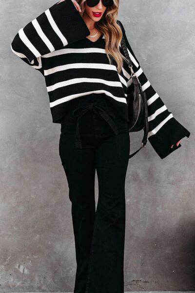 Striped Johnny Collar Long Sleeve Sweater for Women - Selvanelle