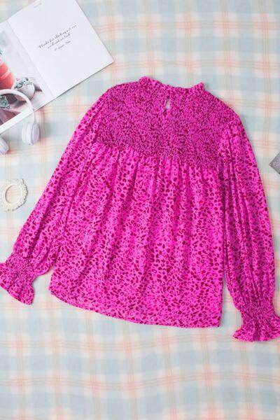 Ruched Leopard Mock Neck Long Sleeve Blouse for Women - Selvanelle