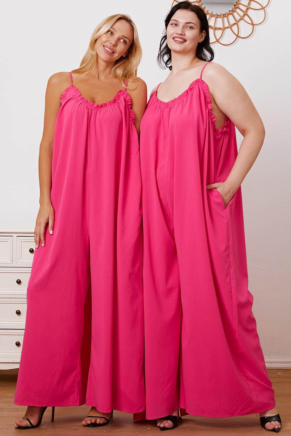 Double Take Full Size Ruffle Trim Tie Back Cami Jumpsuit - Selvanelle