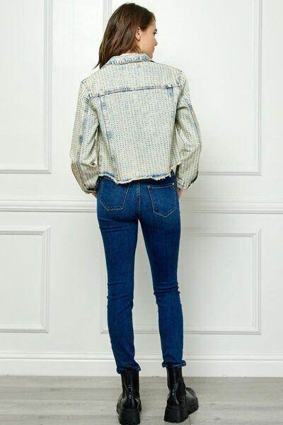Veveret Multi Color Stripe Rhinestone Raw Hem Denim Jacket - Selvanelle