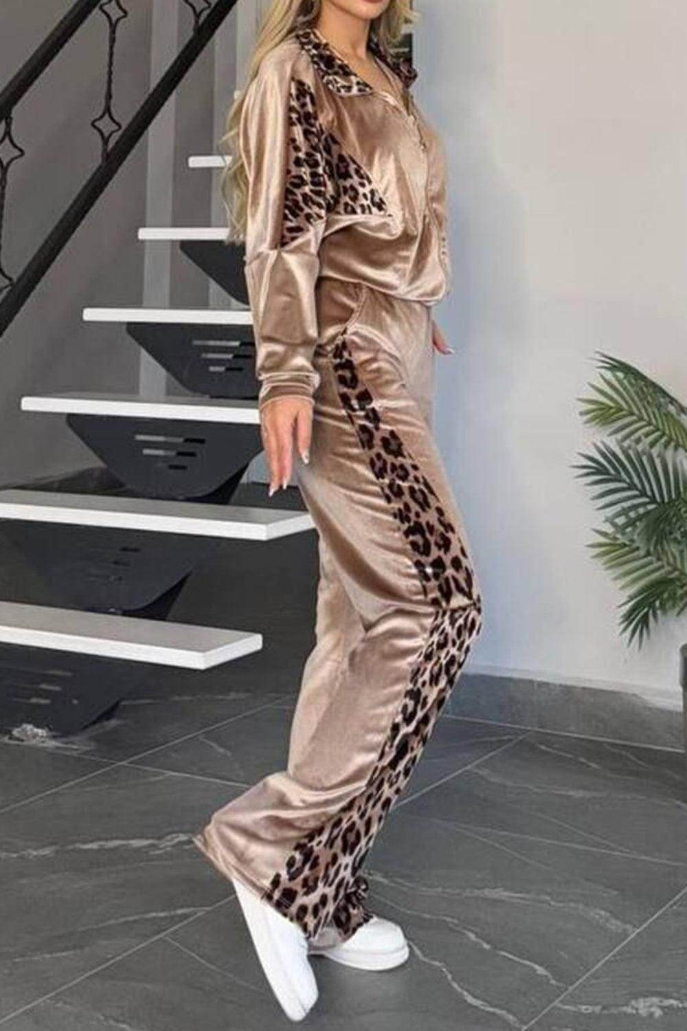 Full Size Collared Neck Leopard Zip Up Top and Pants Set Plus Size - Selvanelle