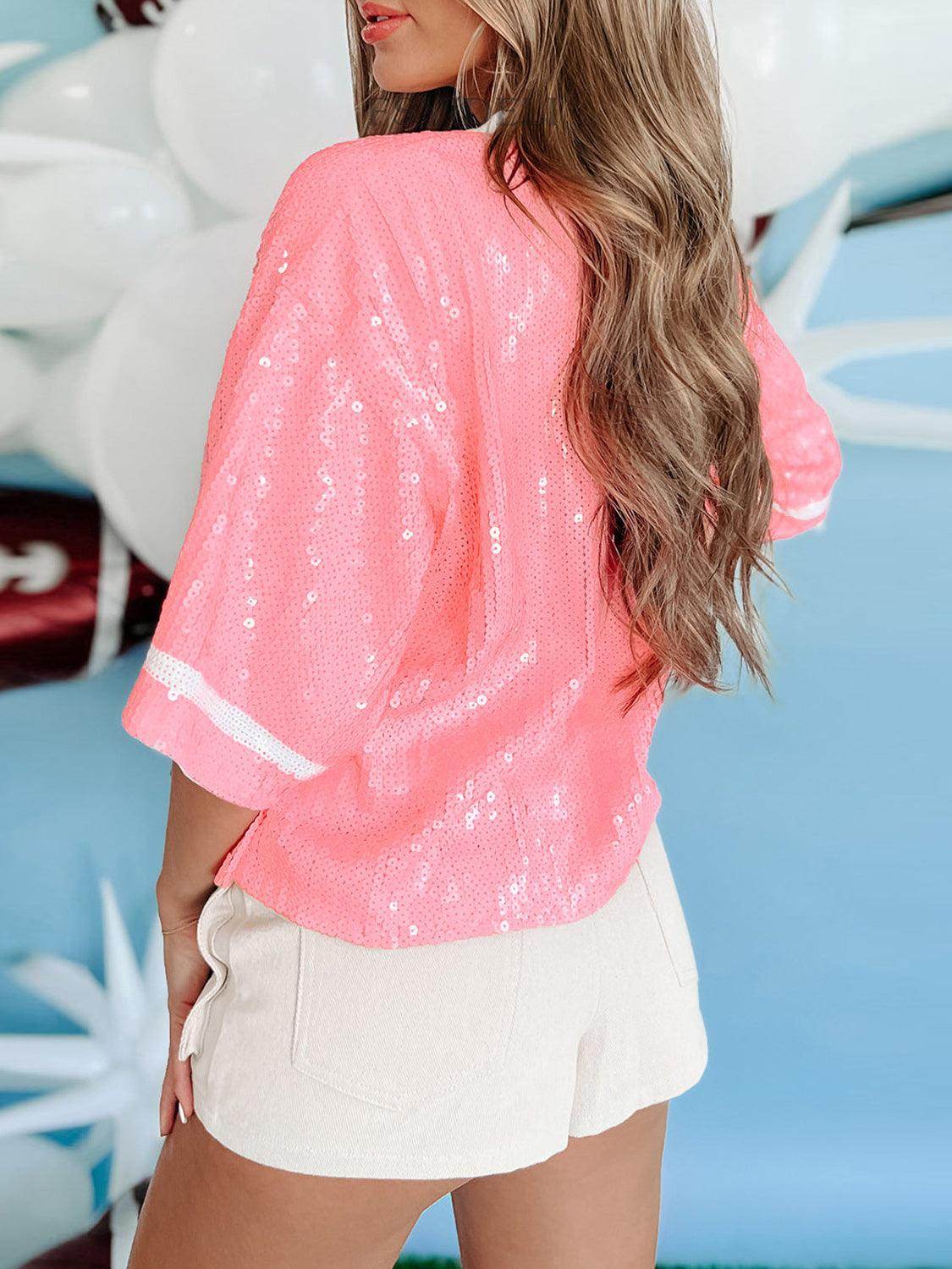 Sequin Football Round Neck Half Sleeve Top for Women - Selvanelle