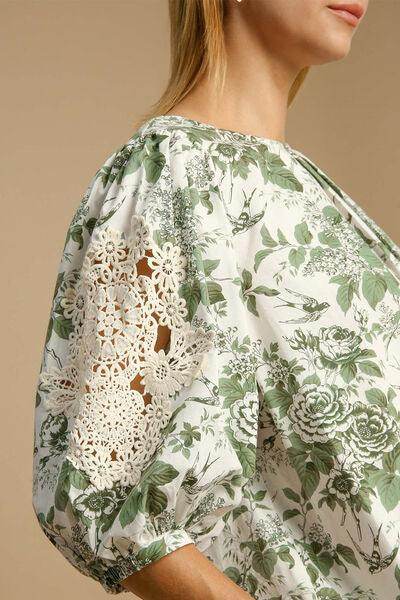 Umgee Floral Pleated Detail Lace Trim Sleeve Blouse Women - Selvanelle