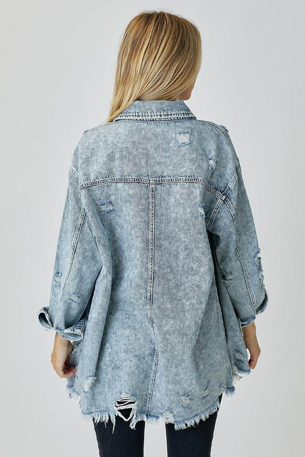 RISEN Distressed Raw Hem Denim Shirt for Casual Style - Selvanelle