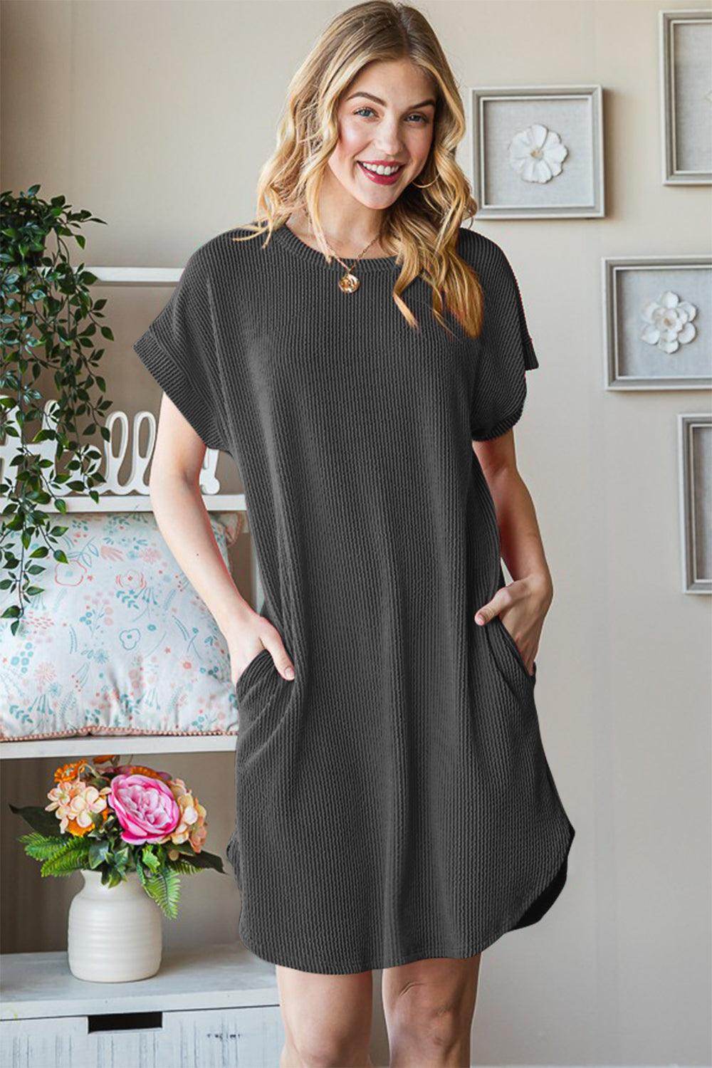 Heimish Full Size Ribbed Round Neck Short Sleeve Tee Dress - Selvanelle