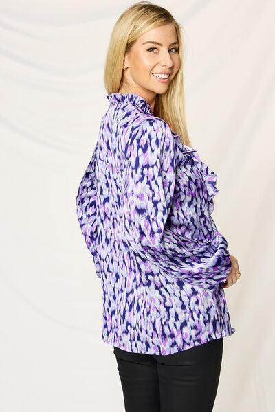 Double Take Full Size Printed Ruffle Trim Balloon Sleeve Shirt - Selvanelle