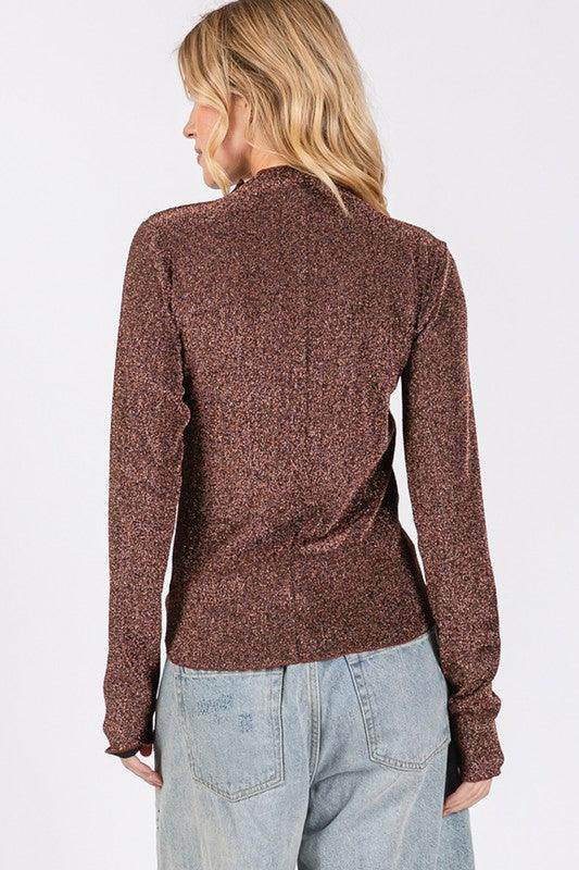 SAGE + FIG Glitter Mock Neck Lettuce Hem Long Sleeve Top - Selvanelle