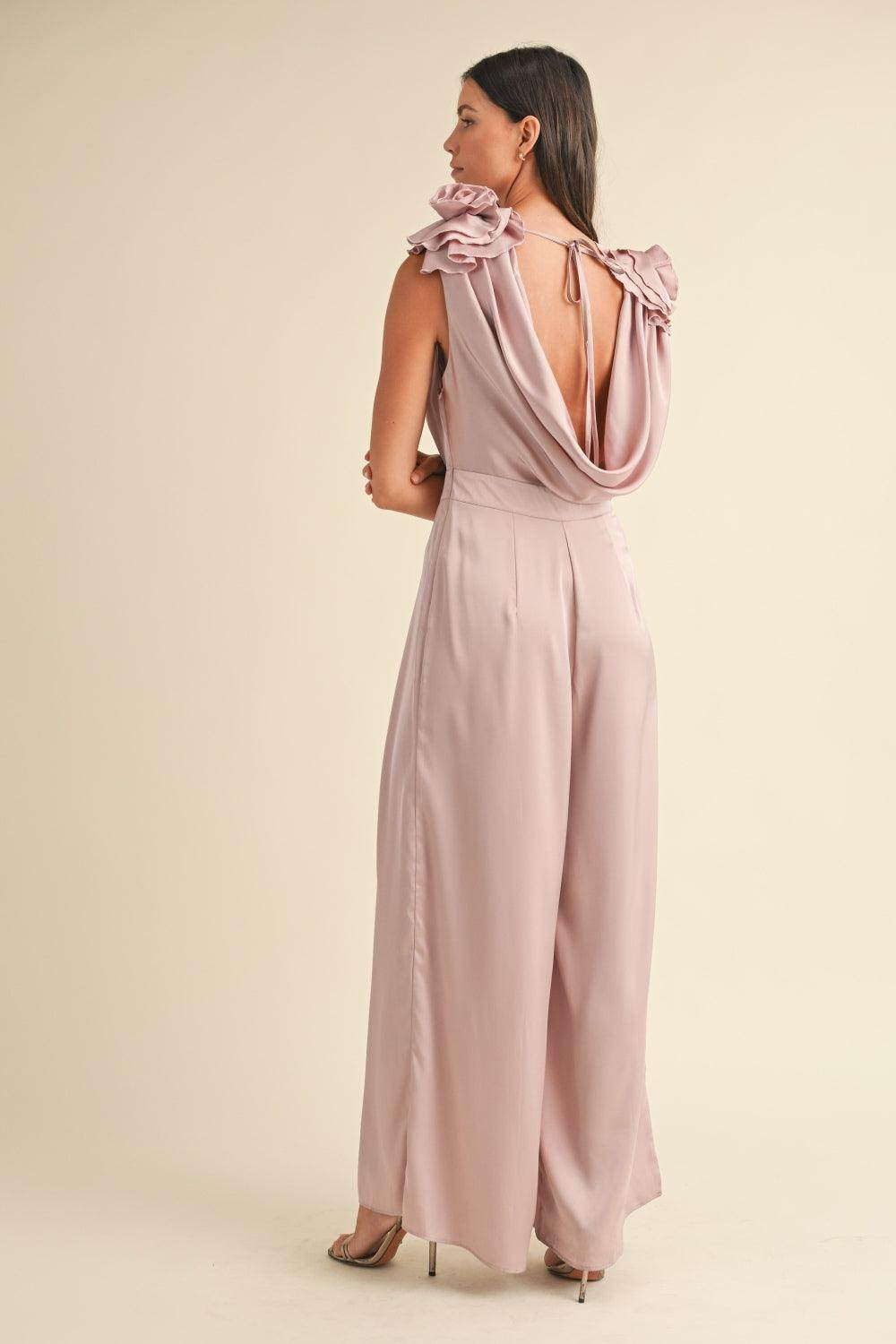 MABLE 3D Floral Applique Deep Cowl Neck Jumpsuit Elegance - Selvanelle