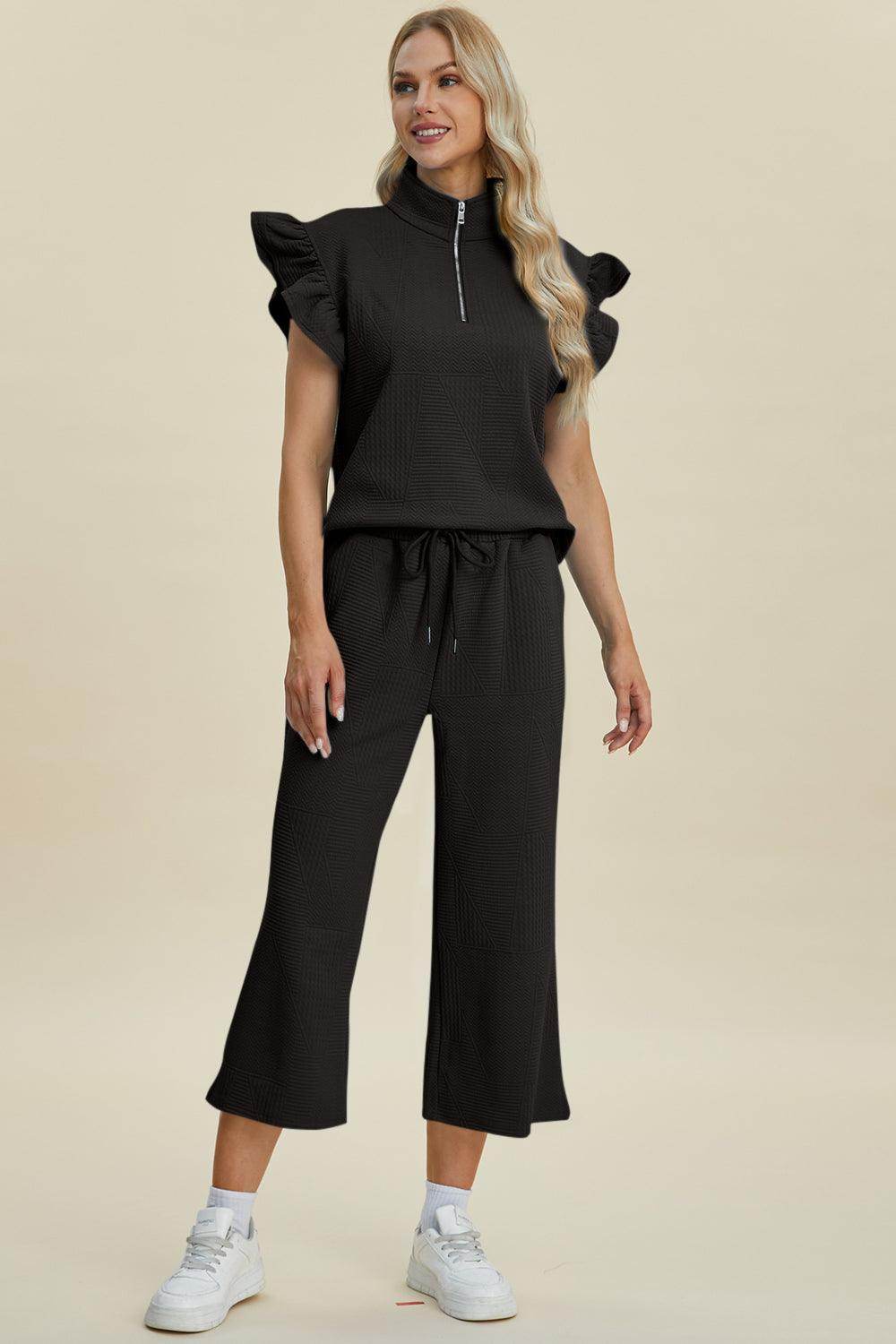 Double Take Full Size Texture Ruffle Top and Pants Set - Selvanelle