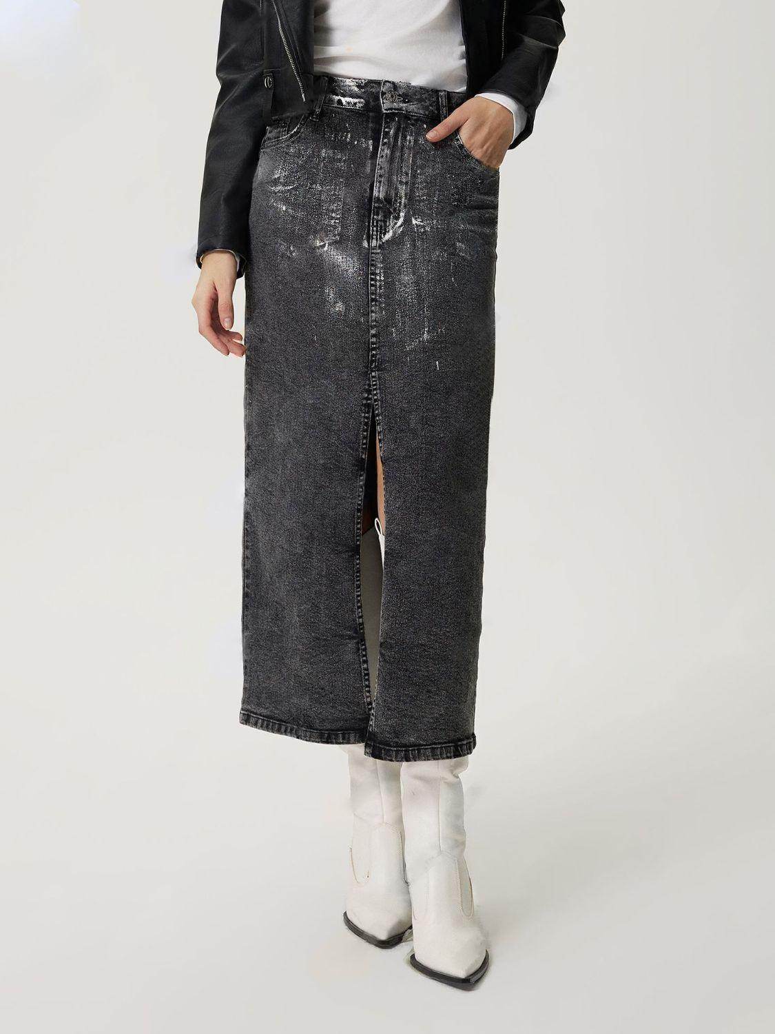 Slit Midi Denim Skirt with Pockets for Effortless Style - Selvanelle