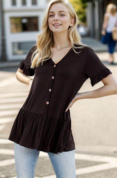 Heimish Full Size Ruffled V-Neck Short Sleeve Blouse Plus Size - Selvanelle