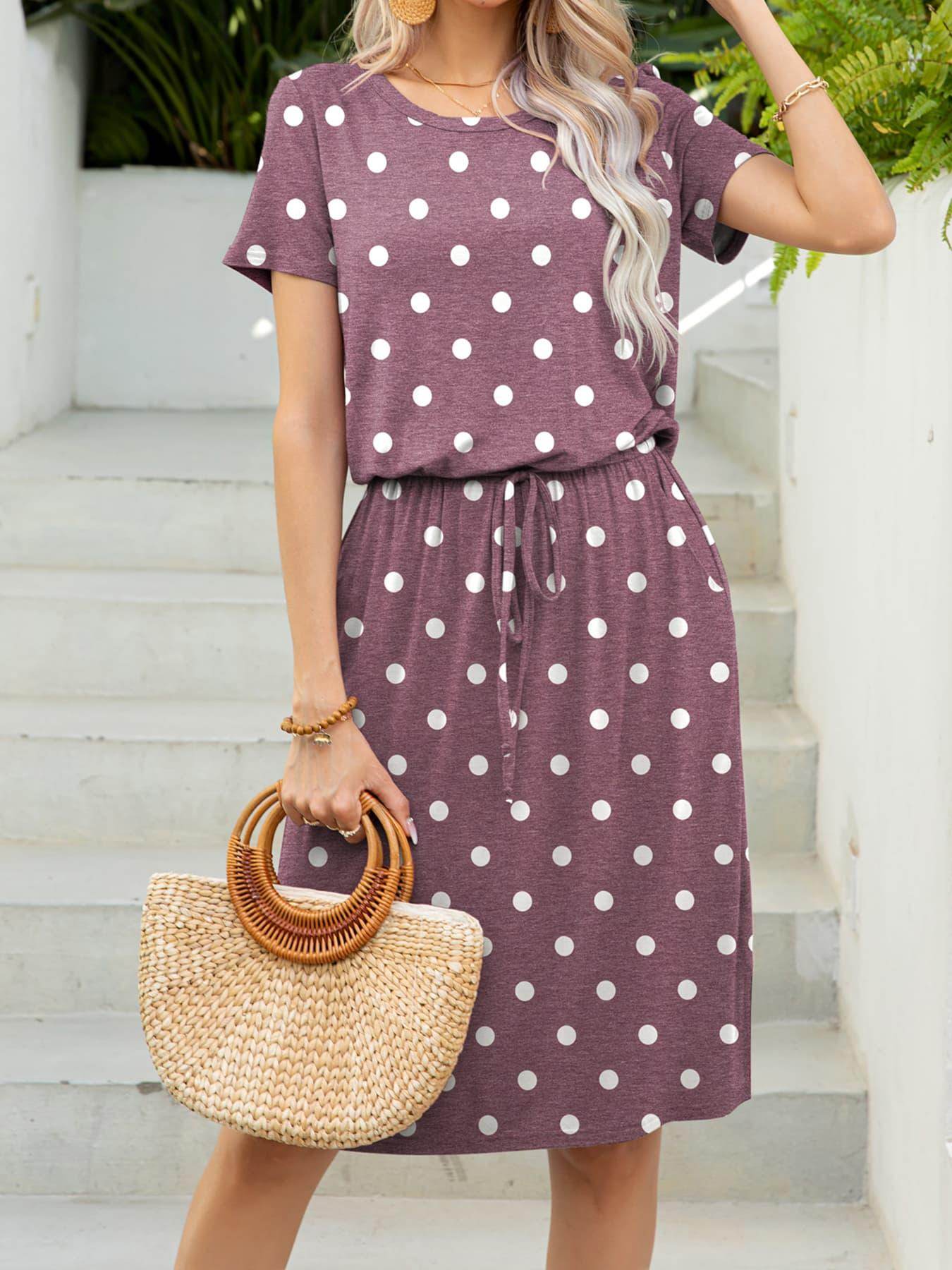 Round Neck Short Sleeve Slit Dress with Pockets for Women - Selvanelle