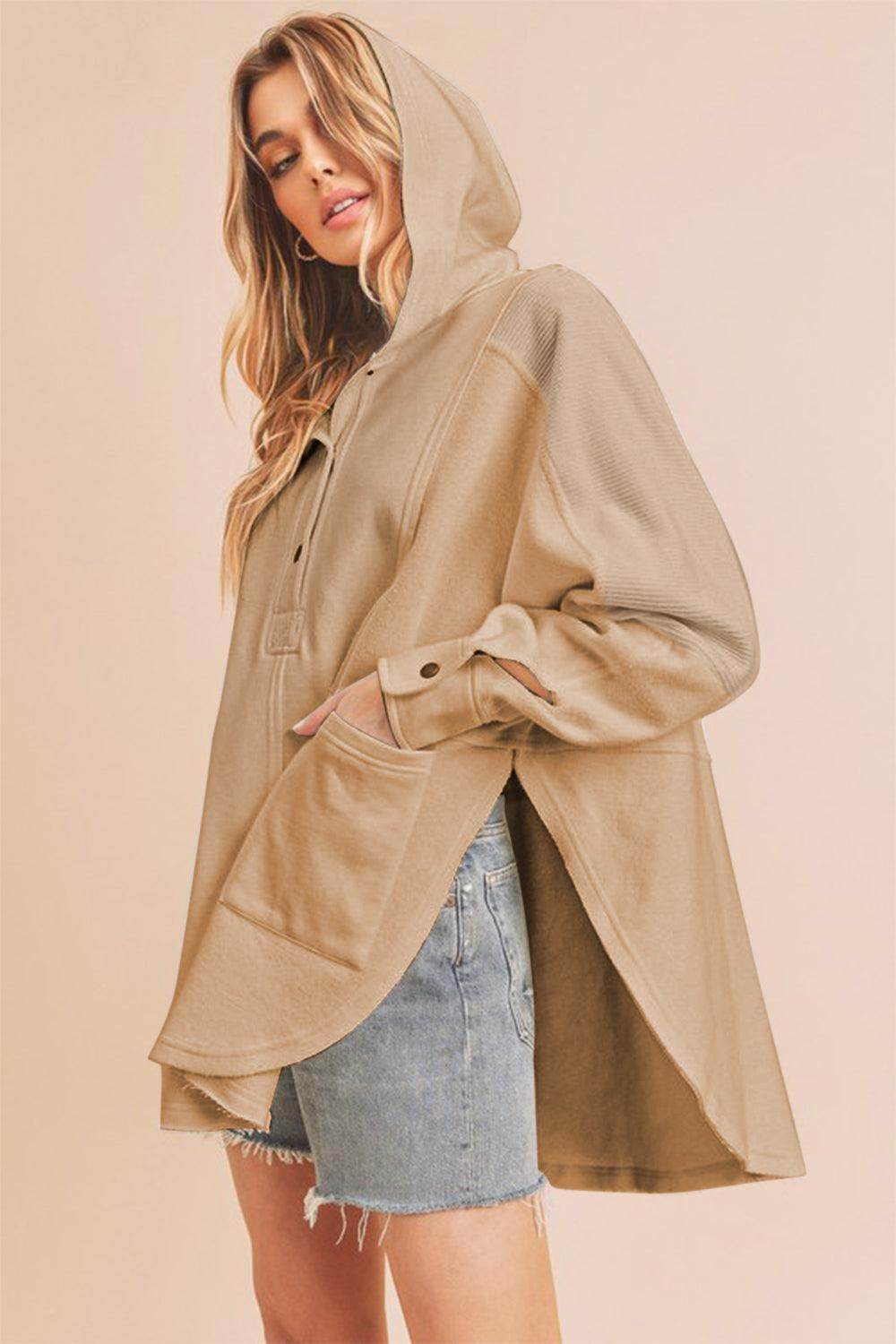 Aemi+Co Slit Half Snap Oversize Hoodie for Casual Style - Selvanelle